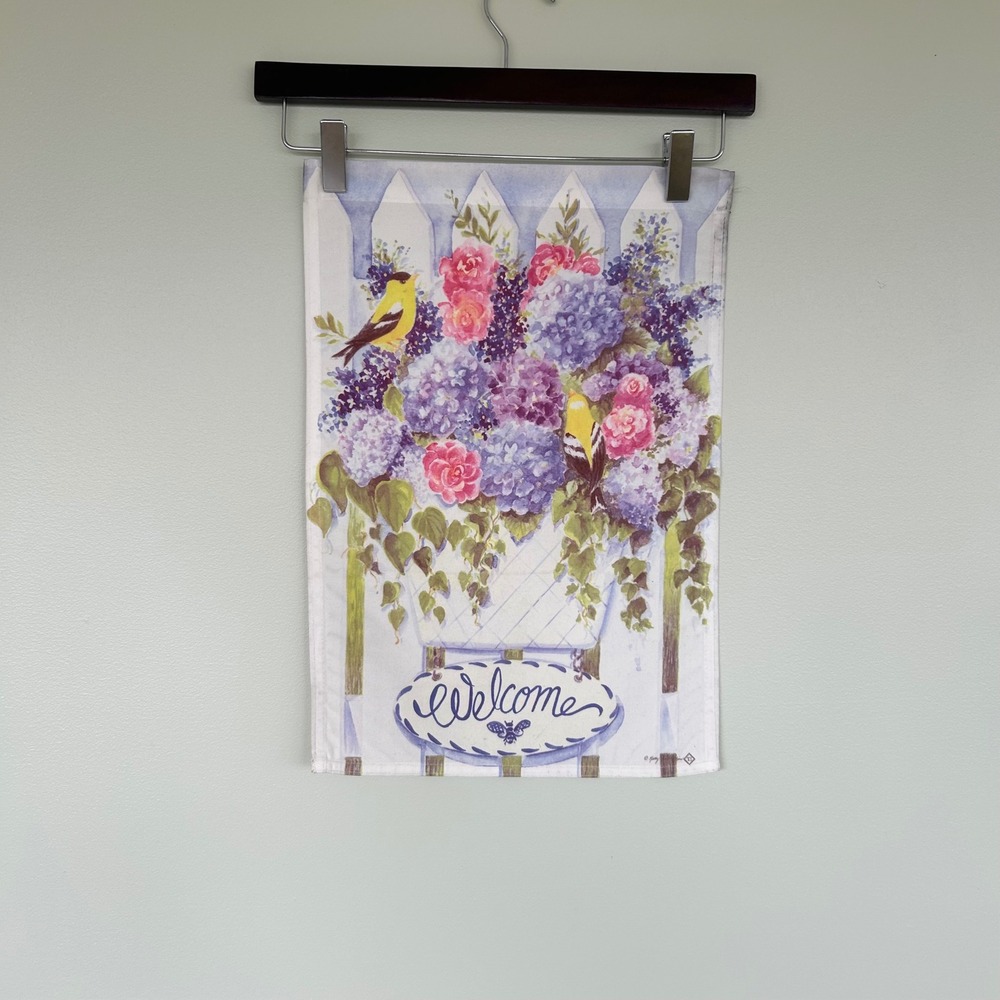 Signed Garden Flag Outdoor 12x18 Multicolor Floral Hydrangea Welcome Bird